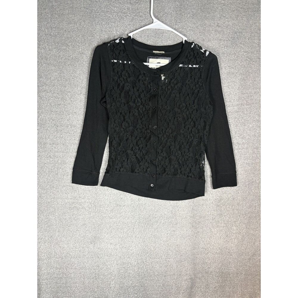 Black Lace Front Long Sleeve Top - Size Large